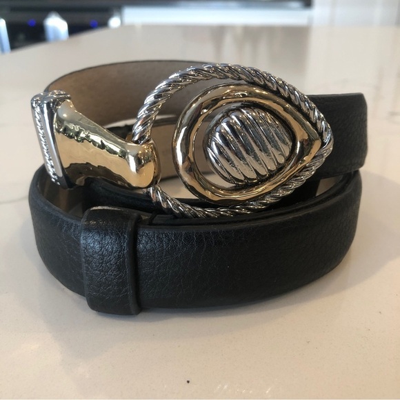 Chico’s Black Leather Mixed Metal Textured Teardrop Buckle Belt Adjustable M/L - Picture 1 of 10